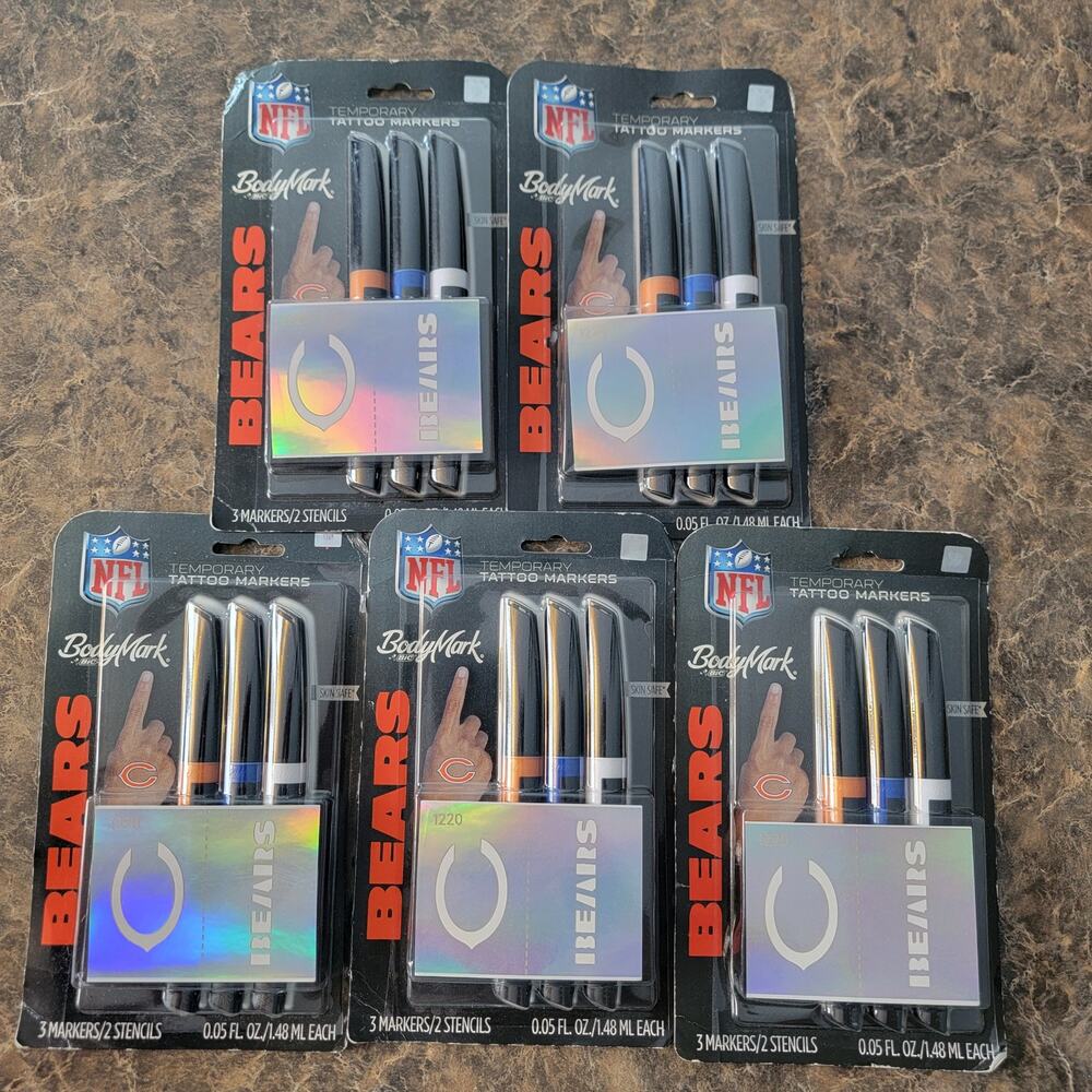 Lof of 5 Packages of NFL Chicago Bears BIC Bodymark Temporary Tattoo Markers NEW